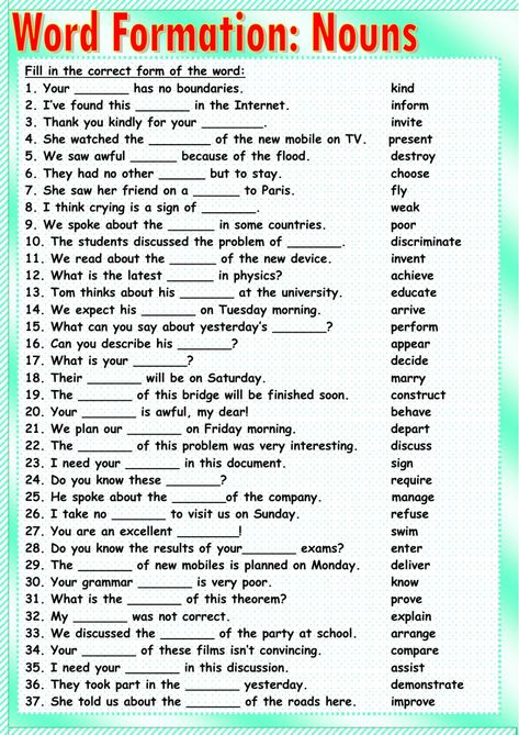 Word formation online worksheet for Grade 4. You can do the exercises online or download the worksheet as pdf. Noun Suffixes Worksheet, Word Formation Exercises, Word Formation Rules, Word Formation Worksheets, Abstract Nouns Worksheet, English Grammar Test, English Grammar Exercises, Word Formation, Nouns Worksheet