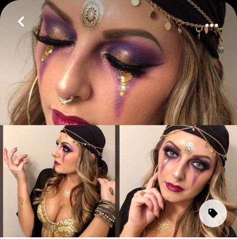 Scary Fortune Teller Costume, Fortune Teller Costume Makeup, Romani Make Up, Fortune Teller Costume Outfit, Fortune Teller Costume Diy, Halloween Fortune Teller Costume, Circus Costumes Women, Fortune Teller Makeup, Halloween Fortune Teller