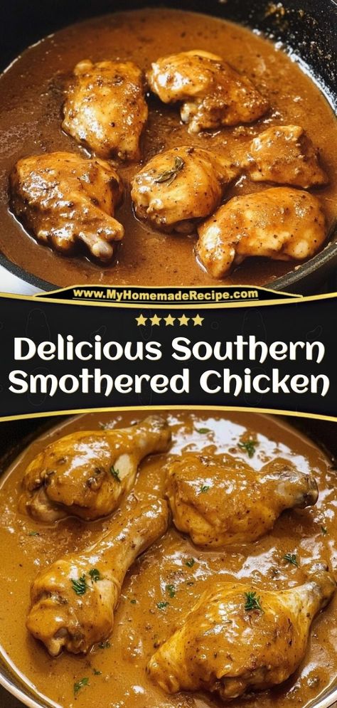 🍗 Southern Smothered Chicken just like grandma made! Tender chicken smothered in rich, creamy gravy with herbs. Pure comfort food that'll warm your soul! #southernfood #comfortfood #chickendinner Ingredients: Chicken thighs Heavy cream Onions Chicken broth Soul-warming Southern comfort in every bite! 👩‍🍳✨ Smothered Chicken With Brown Gravy, Soul Smothered Chicken, Baked Chicken Recipes With Gravy, Smothered Chicken Quarters, Gravy Smothered Chicken, Smothered Chicken Oven Baked, Chicken Thigh Gravy Recipe, Stewed Chicken In Crockpot, Southern Crock Pot Recipes