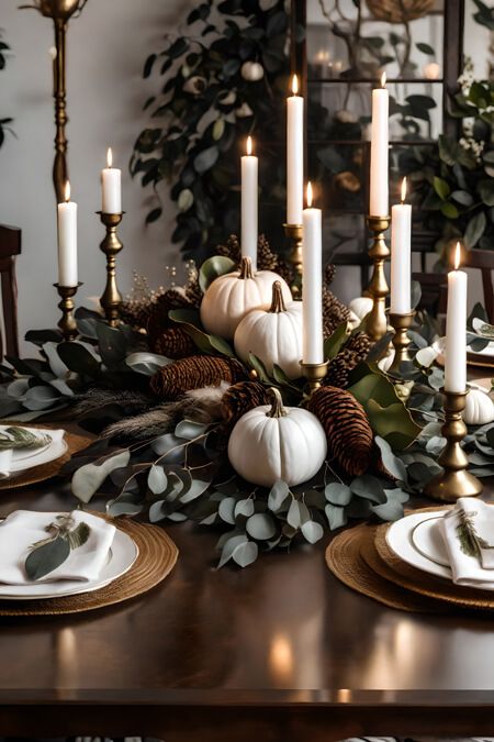 Chic Fall Tablescape, Taper Candle Centerpiece Dining Room, Thanksgiving Coffee Table Decorations, Gold And White Thanksgiving Table, Dining Table Decor Thanksgiving, 2024 Thanksgiving Decor, Fall Thanksgiving Table Decor, Thanksgiving Table Settings Square Table, Mid Century Modern Thanksgiving Table