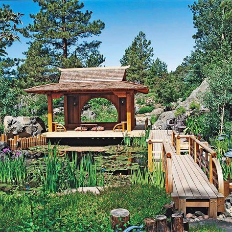 Dream Water Gardens Tiny Fountain, Houses Futuristic, Large Pond, Dream Water, Shade Gardening, Tea Houses, Lighting Garden, Japanese Tea House, Sustainable Gardening