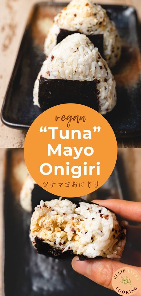 Try this plant-based twist on the popular Japanese combini tuna mayo onigiri! Perfect for packing into lunch boxes or eating at home. #japanesefood #veganrecipe #onigiri #rice #bento Essen, Chickpea Onigiri, Vegan Bento Box Lunch For Adults, Vegan Bento Box Ideas Japanese, Vegetarian Onigiri Filling, Vegan Onigiri Filling, Easy Bento Box Ideas Japanese, Asian Bento Box Recipes, Authentic Japanese Food