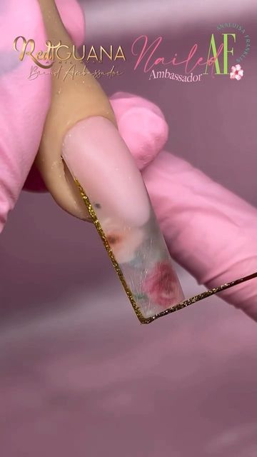 Encapsulated Nails French Tip, How To Do Floral Nails, Nail Design With Foil, Floral Foil Nail Art, Encapsulated Nails Design, Encapsulated Nails Flowers French Tip, Encapsulated French Nails, Floral Encapsulated Nails, Encapsulated Foil Nails