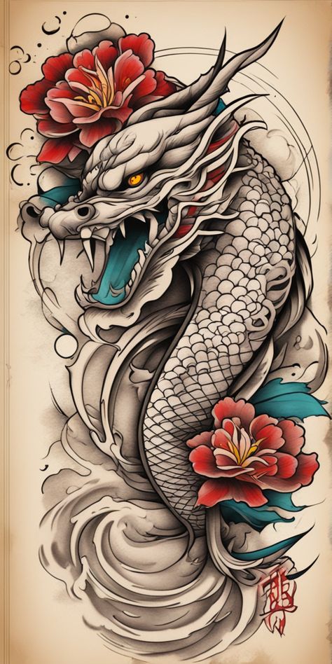 This image displays a vibrant Japanese tattoo design in sketch style. The detailed artwork stands out against the blank canvas, showcasing an array of striking colors. Asian Theme Tattoo Sleeve, Japanese Peony Tattoo Sleeve, Japanese Flower Tattoo Men, Japanese Half Sleeve Tattoo Design, Japanese Tattoo Art Sleeve, Asian Inspired Tattoos, Dragon Koi Tattoo Design, Japanese Peony Tattoo, Chinese Tattoos