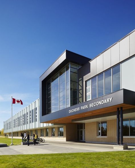 Duchess Park Secondary School,Courtesy of HCMA Factory Architecture, School Exterior, High School Design, School Building Design, School Entrance, Warehouse Design, School Interior, Industrial Architecture, Unique Houses