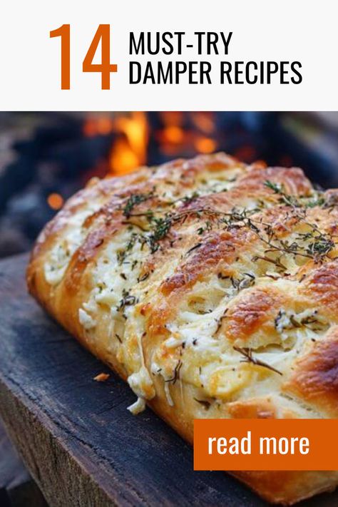 Elevate your campfire cooking with this delicious Cheese and Herb Damper—a savoury twist on the traditional Australian damper. This easy damper recipe combines self-raising flour with grated cheese and fresh herbs like rosemary and parsley, making it a perfect side dish or snack for your next camping trip. Whether you're a beginner or an experienced camper, this cheesy damper is a must-try for anyone looking to add flavour to their bush bread recipe collection Campfire Appetizers, Campfire Bread Recipe, Flour Bacon, Camping Bread, Campfire Bread, Damper Bread, Damper Recipe, Rhodes Rolls Recipes, Campfire Snacks