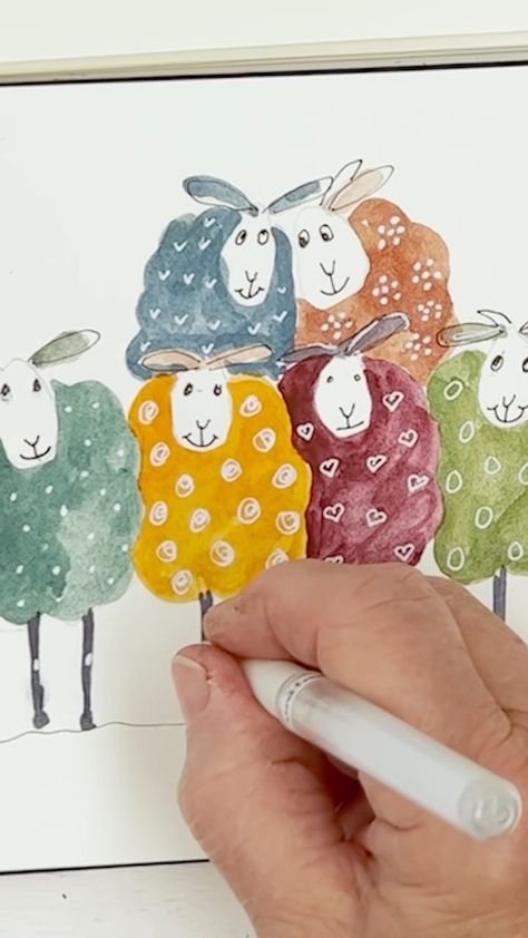 Watercolor Sheep Easy, Water Colour Card Ideas, Whimsical Watercolor Paintings, Paint Marker Art Ideas Easy, Whimsical Art Paintings Watercolour, Whimsical Painting Ideas, Marker Art Tutorial, Watercolor Art Paintings Easy, Whimsical Watercolor Art