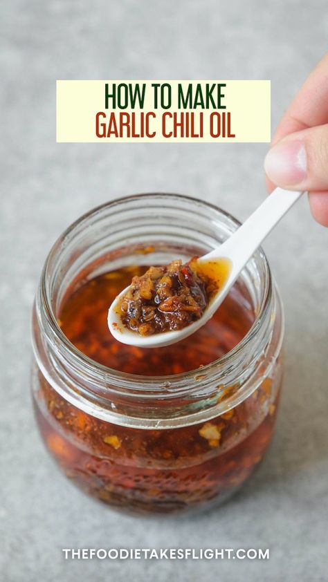 How to Make Garlic Chili Oil Recipe Pin 2 Chinese Chili Oil, Mindful Meals, Garlic Chili Oil, Chinese Chili, Chili Oil Recipe, Asian Sauces, Noodle Soups, How To Make Chili, Crispy Garlic