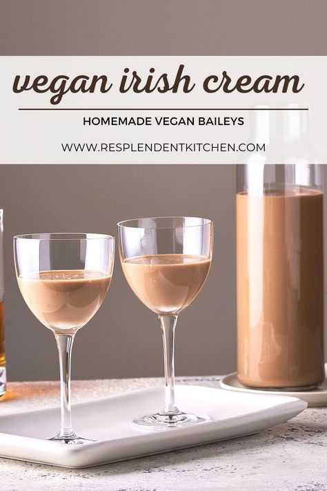 This creamy homemade Vegan Irish Cream recipe combines coconut milk with sweetened condensed coconut milk, Irish whiskey, cocoa powder, coffee extract, and vanilla. This delicious vegan Baileys has hints of cocoa and vanilla and can be whipped up in less than 5 minutes in a blender! Vegan Irish Cream, Vegan Baileys, Homemade Baileys Irish Cream, Seasonal Vegan Recipes, Baileys Irish Cream Recipes, Beverages Recipes, Irish Cream Recipe, Homemade Cashew Milk, Homemade Baileys