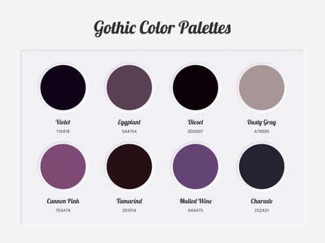 Gothic Color Palettes designed by ColorscoutsColor PalettesConnect with them on Dribbblethe global community for designers and creative professionals. Black Hair Pallete Color, Gothic Colors Palette, Vampire Skin Color Palette, Gothic Palette Color, Villian Color Pallet, Gothic Pallete Color, Goth Aesthetic Color Palette, Wednesday Addams Color Palette, Gothic Color Pallete