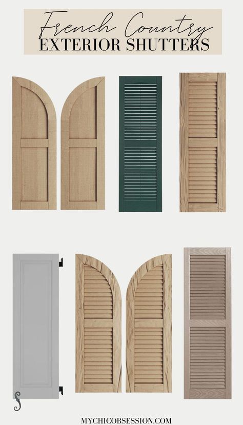 Rustic Wood Shutters Exterior, French Country Exterior Shutters, Cottage Exterior Shutters, European Shutters Exterior, Types Of Shutters Exterior, Cottage Style Shutters, French Shutters Exterior, Exterior Shutters Ideas Curb Appeal, French Country Shutters Exterior