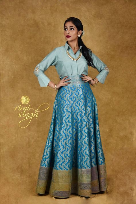 Blue Silk Skirt Outfit, Banarasi Dress, Blue Silk Shirt, Silk Skirt Outfit, Heavy Saree, Embroidery Dress Pattern, Half Saree Lehenga, Dressing Ideas, Saree Lehenga