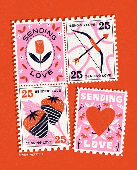 Postcard Stamp Design, Valentine Promotion Design, Creative Greeting Card Design Ideas, Stamp Graphic Design, Stamp Valentines, Creative Card Design, Love Letter Design, Stamp Artwork, Postal Packaging