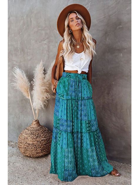 Women's Skirt Swing Long Skirt Bohemia Maxi Polyester Red Blue Purple Orange Skirts Spring & Summer Drawstring Print Vintage Boho Causal Vacation S M L 2024 - RON 147.44 Bohemian Style Skirts, Stile Boho Chic, Moda Hippie, Look Boho Chic, Ethno Style, Boho Mode, High Waist Long Skirt, Mode Hippie, Looks Country