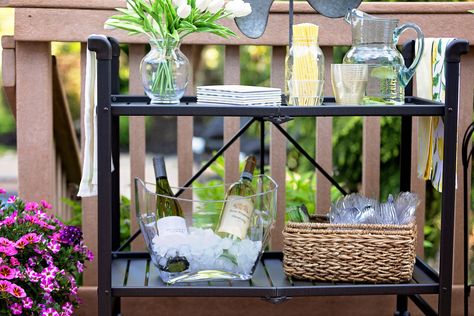 Outdoor Entertaining How I Styled My Bar Cart Homemade Appetizer, Farm Cookies, My Bar, Metal Windmill, Beverage Tub, Light App, Easy Backyard, Serving Cart, Backyard Entertaining