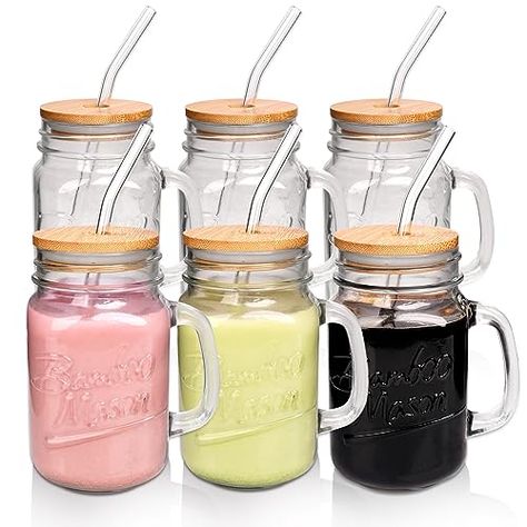 Glass Mason Jar Cups, Mason Jar Drinking Glasses, Jar Cups, Cups With Lids And Straws, Mason Jars With Handles, Mason Jar Cups, Apartment Goals, Bachelorette Ideas, Jars With Lids