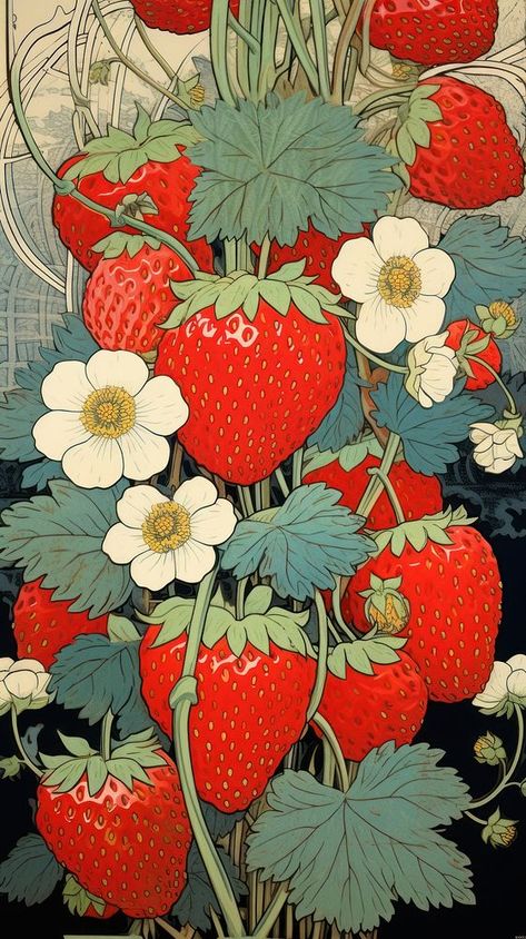 Traditional japanese strawberry farm plant fruit food. | free image by rawpixel.com / Manee Rawpixel Food Cute Wallpaper, Strawberry Cross Section, Vintage Strawberry Wallpaper, Strawberry Iphone Wallpaper, Red Aesthetic Cute, Japanese Illustration Art, Strawberry Drawing Black And White, Fruits Farm, Strawberry Picture