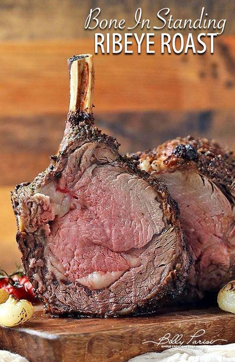 Bone In Standing Rib Roast Recipe - this amazing herb and garlic rubbed standing rib roast is oven roasted and finished with a red wine pan sauce! #ribeye #ribroast #primerib Bone In Ribeye Roast, Standing Rib Roast Recipe, Red Wine Pan Sauce, Bone In Rib Roast, Beef Ribeye Roast, Beef Rib Roast, Prime Rib Roast Recipe, Red Wine Recipe, Ribeye Roast