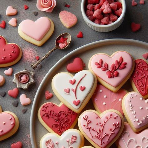 iva | ai desserts artist on Instagram: "Spread love on Valentine's Day with heart-shaped sugar cookies! ❤️🍪 Start by whipping up a classic sugar cookie dough, roll it out, and cut out adorable heart shapes. Bake until golden, then get creative with decorating – use pink and red icing, sprinkles, or edible glitter for a festive touch. Share these sweet treats with your loved ones and make this Valentine's Day extra special! 💕🎁 . . . . . . . . . #aifoodcreations #aifood #valentineday #stvalentinesday #valentines#valentineday2024 #myvalentine #vday #valentinecookies" Heart Royal Icing Cookies Valentines Day, Valentine Baby Shower Cookies, Valentines Sugar Cookies Royal Icing, Valentine Sugar Cookies Decorated, Valentine’s Day Cookies, Valentine Day Cookies, Icing Sprinkles, Red Icing, Valentines Day Cookie