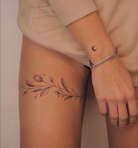 Feminine Thigh Tattoos, Calf Tattoos For Women, Small Thigh Tattoos, Thigh Piece Tattoos, Thigh Tattoo Quotes, Girl Thigh Tattoos, Cuff Tattoo, Anklet Tattoos, Hip Tattoos Women