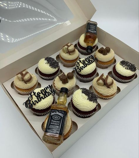 Alcohol Theme Cupcakes, Whiskey Cupcakes Design, 21st Birthday Cupcakes Alcohol, 40th Birthday Cupcake Cakes For Men, Cupcakes With Liquor Bottles, 30th Bday Cupcakes For Men, 25th Birthday Cupcakes For Him, 20th Birthday Cupcakes For Him, 21st Cupcakes For Guys