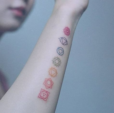 Chakra Tattoo Forearm, Rainbow Chakra Tattoo, Simple Chakra Tattoo, Small Chakra Tattoos For Women, Chakra Tattoos For Women, Chakra Spine Tattoos For Women, Chakra Symbols Tattoo, Chakra Tattoo Design, 7 Chakras Tattoo