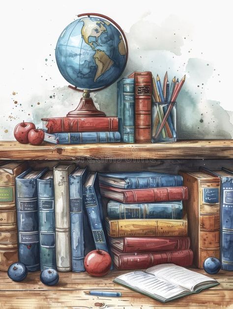 Wooden table with books and globe, painted in watercolor. royalty free stock photos Earth Globe, Vintage Library, Book Clubs, Literature Books, Study Table, Science Education, Classic Literature, Wooden Table, Gouache Painting