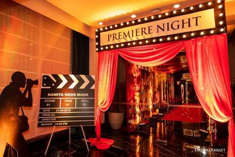 Outdoor Movie Screen Ideas, Sangeet Entrance, Sangeet Entry, Bollywood Party Decorations, Hollywood Theme Party Decorations, Red Carpet Theme Party, Magical Backyard, Bollywood Night, Bollywood Theme Party