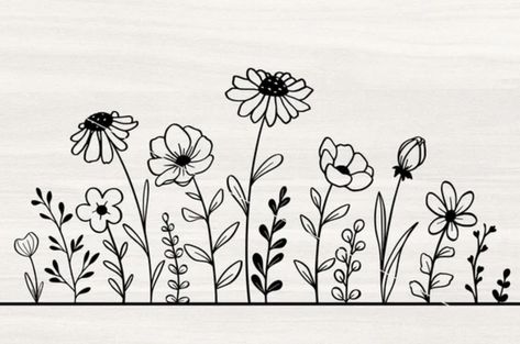 Easy Wildflower Drawing, Floral Line Drawing Pattern, Wildflower Embroidery Pattern, Wildflower Drawing Simple, Wildflower Line Drawing, Wildflower Doodles, Lineart Flowers, Floral Lineart, Wildflower Drawing