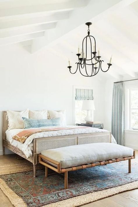 How to Layer Vintage Rugs – Passerine Runner In Bedroom, Layered Rugs Bedroom, Wimbledon House, Transitional Bedroom, Apartment Bedroom Decor, Layered Rugs, Bed Lights, Foot Of Bed, Grey Cushions