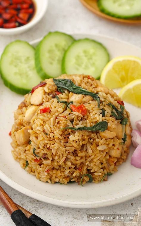 Thai Basil Fried Rice - Khin's Kitchen Bangkok Fried Rice, Yellow Curry Fried Rice Thai, Thai Basil Rice Recipe, Fried Rice Plating Ideas, Thai Fried Rice Recipe Authentic, Basil Fried Rice Thai, Thai Basil Rice, Thai Fried Rice Recipe, Fried Rice Thai