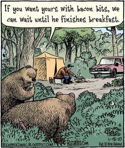 Meat Cartoon, Camping Jokes, Bizarro Comic, Food Jokes, Bacon Funny, Far Side Comics, Deer Meat, Funny Cartoons Jokes, Camping Humor