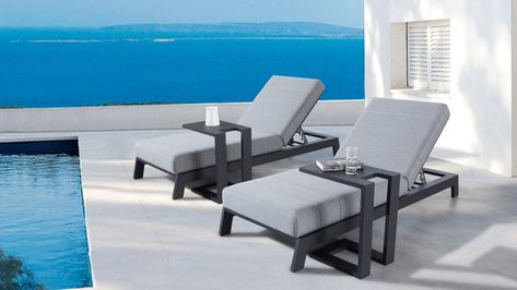 Noosa Black Outdoor Fabric Sun Lounge Set With Side Tables - Lavita Furniture Outdoor Pool Furniture, Outdoor Furniture Australia, Sunbrella Fabric Outdoor, Poolside Furniture, Beach Lounge Chair, Sectional Patio Furniture, Luxury Outdoor Furniture, Outdoor Beds, Sun Lounge