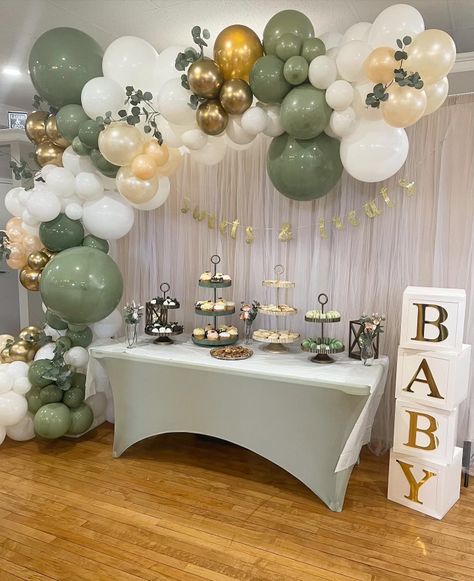 Sage Green Gender Reveal Decorations, Twins Baby Shower Ideas Decoration, Earthy Graduation Party Decor, Center Piece For Baby Showers, Gender Reveal Green And Gold, Sage Decorations Party, Earth Tone Baby Shower Ideas Boy, Gender Reveal Ideas Sage Green, Gender Reveal Sage Green