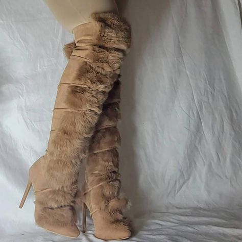 Boots with the fur or fur high heel boots: Womens faux fur boots Fur Leather Boots, Winter Boots Heels, Apple Bottom Jeans Boots With The Fur, Boots With The Fur, Fur Boots Heels, Faux Fur Heels, Plus Size Boots, Fluffy Boots, Fur Heels