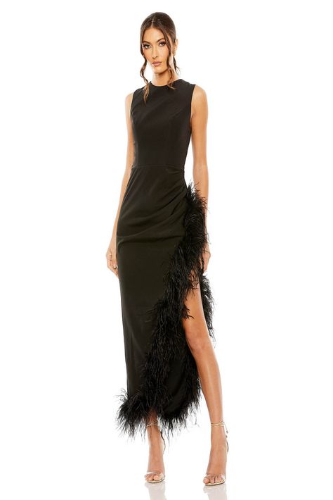 Black Dress For A Wedding, Short Wedding Guest Dresses, Dress Feathers, Dress With Feathers, Formal Cocktail Party, Asymmetric Dress, Dresses Formal Elegant, Feather Trim, Trim Dress