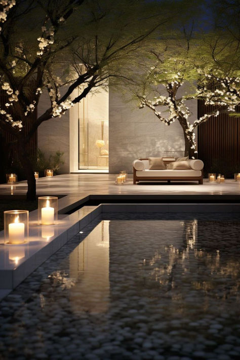 Illuminate your outdoor space with LUXXU's luxury lighting designs for a glamorous touch Luxury Home Garden, Pools Ideas, Indoor Pool House, Square Pool, Indoor Swimming Pool Design, Indoor Pool Design, Outdoor Fireplace Designs, Luxury Garden, Modern Backyard