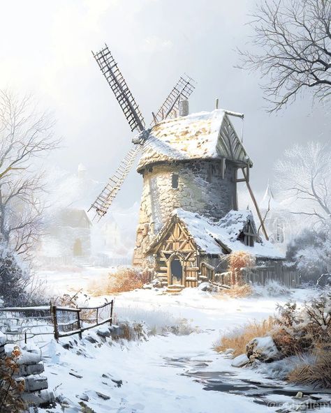 Winterly Windmill. 🌱 Created with Midjourney (AI). 🏰 Visit my profile @ephellem for more fantasy images! 🐉 Follow the link in my… | Instagram Fantasy Windmill, Medieval Windmill, Windmill Art, Earth Powers, Background Painting, Mood Images, Water Powers, Water Dragon, Image Downloads