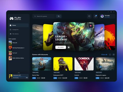 Game Store App by Ilya Kolesnikov🤘🏻💎 Gaming Web Design, Gaming Ui Design, Game Store Design, Game Website Design, Elementor Templates, Game Website, Gaming Website, Steam Games, Web Design Websites