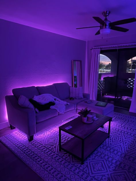 Living Room Ideas Led Light, Living Room Ideas Apartment Led Lights, Lounge Room Ideas Aesthetic, Leds In Living Room, Living Room Designs With Led Lights, Apartment Living Room Led Lights, Living Room Astethic, Comfy House Aesthetic Living Room, Purple Themed Living Room