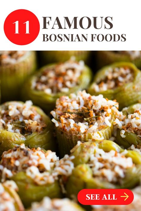 Discover the most popular Bosnian foods and dishes. From the famous Hadžijski Ćevap to Baklava , Bamija and Punjene Paprike, Bosnian cuisine has a lot to offer. So when you visit the lovely Bosnia, be sure to try out these dishes – they are guaranteed to give your taste buds an incredible time. Even better, you can prepare these recipes from the comfort of your home. #bosnianfood #bosniancuisine #bosniafood Bosnian Food Recipes, Bosanski Recepti, Balkan Cuisine, Bosnia Travel, Bosnian Food, Eastern Recipe, Plum Dumplings, Grilled Platter, Balkan Food