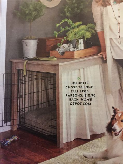 Dog cage featured in better homes and garden magazine.  Curtains are put up with tension rods. Large Dog Crate Nightstand, Space Saving Dog Crate Ideas, Dog Crate Coffee Table Diy, Dog Crate Cover Diy, Dog Kennel Decor, Dog Crate Nightstand, Dog Crate Topper Diy, Aesthetic Dog Crate, Large Dog Crate Ideas