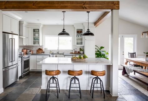 Kitchen with beams and structural wall Beam In Kitchen, Slate Floor Kitchen, Slate Kitchen, Open Concept Kitchen And Living Room, Kitchen Concepts, State Street, Gorgeous Kitchens, Transitional Kitchen, Farmhouse Style Kitchen