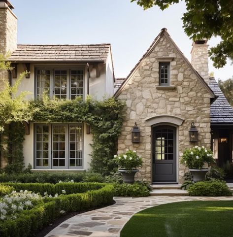 Dark French Country House Exterior, New Construction Cottage Homes, European Style Houses Interior, Stone And Shaker Exterior, Stone House Front Porch, Stone And White Exterior, Stone Houses Modern, Stone Exterior Houses Farmhouse, Mcalpine Exterior