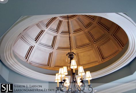 Coffered dome in this spectacular custom home. LarsonJamesRealEstate.com - Franklin TN - Brentwood TN Kitchens With Wood Tone Cabinets, Dome Ceiling Design Modern, Dome Ceiling Design Interiors, Luxury Home Foyer, Dome Ceiling Design, Foyer Ceiling, Home Foyer, Classic Interior Design Luxury, Luxury Ceiling Design