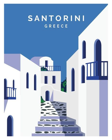 Santorini Vector, Santorini Illustration, Places Illustration, Greek Illustration, Mediterranean Artwork, Greece Illustration, Travel Vector Illustration, Thai Font, Greece Architecture