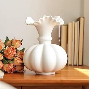 White Flower Vase,Pumpkin Ceramic Vase, Ceramic Vase for Decor,Container for Flower, Centerpieces for Dining Table,for Living Room Desk Shelf Decor. Neutral Fall Decor Ideas, Pumpkin Ceramic, Fall Mantle Decor, Wavy Edges, Neutral Fall Decor, Pumpkin Flower, Spring Awakening, Dining Table Centerpiece, Ceramic Flower Pots