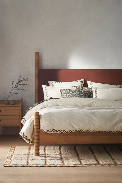 California Architecture, Embroidered Duvet Cover, Natural Wood Texture, Perfect Bedding, Wood Bed Frame, Linen Upholstery, Bed Frames, Wood Beds, Casual Design