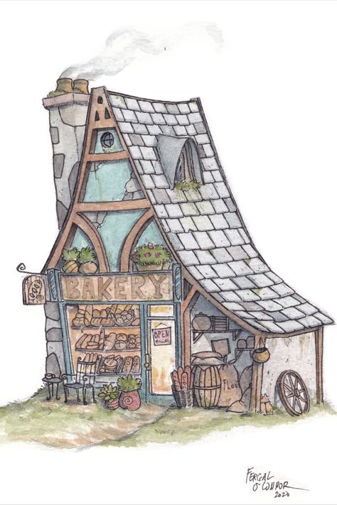 Fantasy Bakery Concept Art, Fantasy Bakery, Irish Illustration, Cottage Drawing, Cute Bakery, Watercolor House Painting, Bread Bakery, Building Sketch, Building Painting