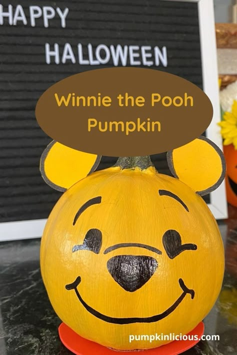 Winnie the Pooh pumpkin painting Painting Ideas Winnie The Pooh, Pooh Pumpkin Painting, Winnie The Pooh Pumpkin Painting, Pooh Pumpkin, Painting Ideas For Halloween, Winnie The Pooh Pumpkin, Halloween Pumpkin Crafts, Creative Pumpkin Painting, Creative Pumpkin Decorating